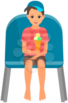 Little boy with ice cream sitting on chair and watching show isolated on white background. Young male character in viewer seat looking at something. Guy spectator sitting on viewer place and eating