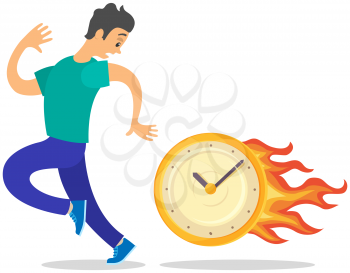 Deadline business concept, time management, fear of being late. Businessman is afraid of time. Scared man standing near burning clock jumping in hurry running away in awe isolated on white background
