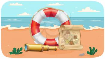 Fascinating sea adventures and travel poster. Marine cruise and nautical travelling advertising placard with attributes of water travel spyglass, old map and lifebuoy on sandy shore near waves of sea