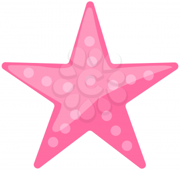 Pink starfish on white background. Cartoon nautical character lives in ocean. Underwater life of caribbean starfish. Sea dweller. Wild nature of mediterranean sea. Five-finger marine animal seastar