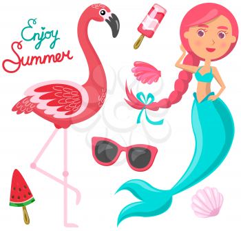 Enjoy summer banner with beautiful mermaid and pink flamingo. Ice cream, sunglasses and seashells on white background. Accessories for relaxation on beach. Cartoon nautical character summer attributes
