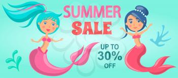 Summer sale with mermaid at sea. Advertising banner with underwater life of sea creature. Nixie on background of ocean with waves and sand with starfish. Seasonal closeout poster, discounts, hot price