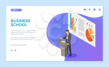 Business school vector, businessman speaker with information for listeners. Seminar with info on board, infographics and charts, education. Website or webpage template, landing page flat style