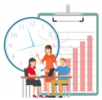 Woman talking to colleagues and pointing at big clock hanging on wall. People working with computer. Teamwork and company time management concept vector