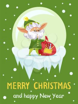 Christmas greeting card with old elf and gifts sack, Santa helper and candies. New Year wishes and fantastic dwarf with grey beard and presents bag. Winter fairy tale character vector illustration