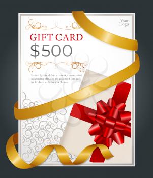 Five hundred dollars gift card tied with golden ribbon on black background. Template of paper discount on shopping with text and present box. Certificate on 500 bucks for purchase. Vector illustration