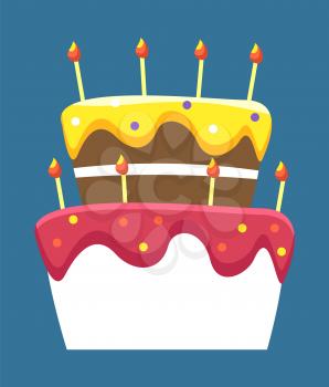 Cake with frosting made for celebration of birthday party. Isolated baking with buttercream on top and lit candles. Colorful food for special dinner for guests. Vector in flat style illustration