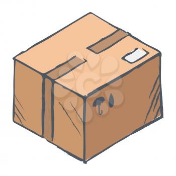 Cube shaped box, postal parcel. Delivery of online order. Sketch of carton package with purchase inside. Outline picture, brown object isolated on white background. Vector illustration in flat style