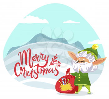Merry christmas caption, designed poster. Unreal character hold sack with gifts for children. Xmas greeting postcard with elf standing outdoor, beautiful landscape. Vector illustration in flat style