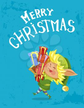 Merry christmas greeting card with blond elf with presents. Kid holding gift boxes decorated with wrapping paper and ribbon bows. Xmas character congrats with winter holidays. Vector in flat style