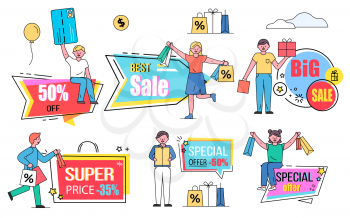 Sale and super discounts vector, isolated set of banners with proposals and shoppers. Shopping characters with bags and presents. Clients of shops and stores with credit cards and giftboxes flat style