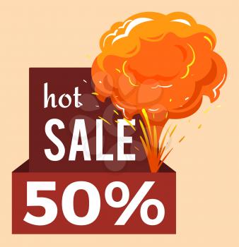 Sale promotional banner, discount 50 percent off. Isolated announcement with stripes and explosions. Proposal half price reduction, shop and market cost lowering. Explosion vector in flat style
