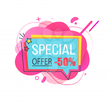 Banner with price reduction vector, 50 percent reduced cost on goods of shop, proposition of store, stars and colorful abstract design flat style
