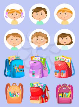 Backpacks or schoolbags with stationery, school children avatars vector. Rucksacks with books, girls and boys, pupils or students, classmates and bags. Back to school concept. Flat cartoon