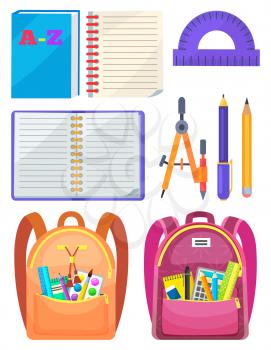 Backpack with chancellery, dividers and pen with pencil, notebook and ruler. School bag with chancery, educational element on white, sticker vector. Back to school concept. Flat cartoon