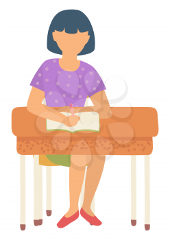 Girl sitting by desk vector, flat style character isolated schoolgirl with home assignment solving tasks. School education, student in college studying. Back to school concept. Flat cartoon
