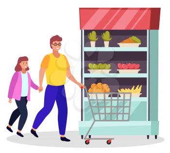 People buying food for home. Dad and daughter with shopping trolley choosing meal for breakfast or dinner. Vegetable and organic products stored at refrigerator. Family weekend at store vector