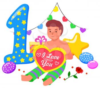 One year or first anniversary celebration. Little boy sitting holding heart-shaped greeting card. Birthday party decoration and accessories, presents and balloons for children vector illustration
