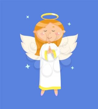 Praying girl with wings and nimbus, papercard decorated by glossy angel in white dress on sparking stars, portrait view of flying kid on blue vector