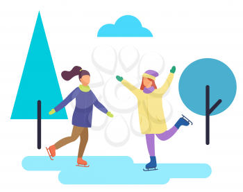 Friends figure skating in winter park. People dancing on ice rink. Seasonal activities of woman. Happy personage surrounded by trees of forest. Spruce and clouds outdoors. Vector in flat style
