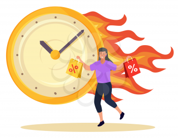 Clock with flame and female character with bags. Sale with limited time only. Woman buying products on reductions and lowering of price. Hot discounts at shop for clients of store. Vector in flat