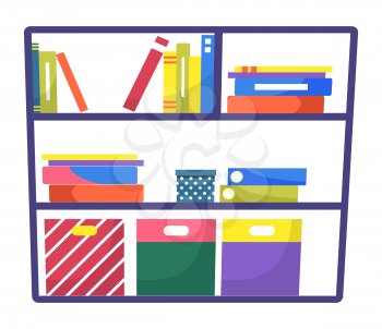 Organizer for books and files. Isolated shelf loaded with documents and papers. Office, school or home furniture for organization of working space. Bookshelf for interior composition making vector
