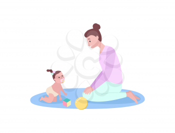 Baby with mother vector, woman sitting on mat playing with toys, small girl wearing diaper and funny hairstyle. Parental care and happy moments