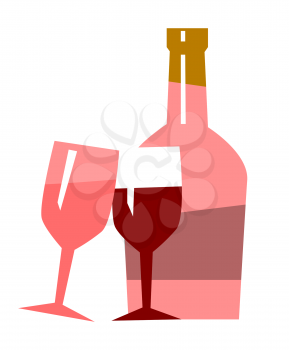 Alcoholic drink in bottle vector, red wine with glasses and beverage. hampagne celebration of holiday for two romantic evening. Liquid in container illustration in flat style design for web, print