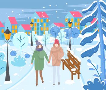 Dating couple walking in winter park. Man and woman holding hands strolling in street. Cityscape with home exteriors and windows with lights. Lanterns and bench by people passing by, vector in flat