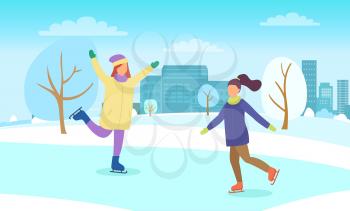 Two girls skating on rink together. Woman and kid spend leisure time actively outdoor. Happy childhood on winter holidays. People posing at skate-rink in park. Vector illustration in flat style