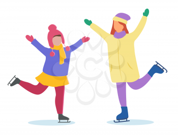 Two girls skating on rink together. Woman and kid spend leisure time actively outdoor. Happy childhood on winter holidays. People posing at skate-rink isolated. Vector illustration in flat style