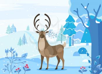 Arctic reindeer character standing on snowy landscape with fir-tree and blossom. Christmas card with deer in spruce forest in winter season. Wild animal with antlers walking near frost trees vector