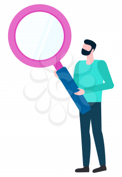 Bearded man with magnifying glass isolated cartoon style person. Vector male with magnifier analyzing and investigating with loupe. Broker examining symbol