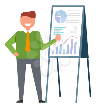 Join to our team, male near board with graphs and charts pointing on sales statistics. Vector isolated businessman or executive manager making report