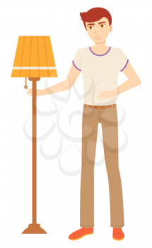 Young man selling vintage torchiere or orange floor lamp. Retro stylish piece of furniture for garage sale. Flea Market, second hand concept vector illustration