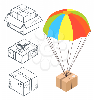 Ecommerce sketch of cardboard parcel and colorful parachute with box. Web sell and fast delivery of container from internet shop. Line shape of transportation logotype symbol with ribbon vector