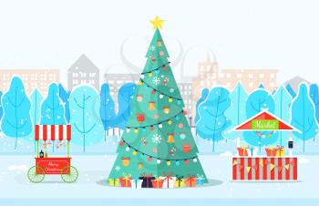 Winter Christmas park with traditional symbol fir-tree decorated by garland, market place and truck. Fair festive with Xmas wood and holiday tent near snowy trees and building symbols vector