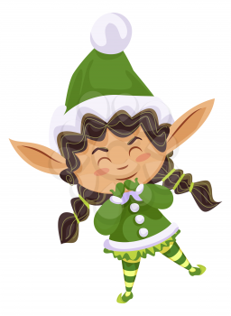 Christmas character isolated personage with long ears. Xmas elf wearing costume and hat. Cute child in winter clothes with closed eyes. Pixy in seasonal holidays period. Vector in flat style