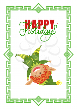 Elf standing on head, Christmas greeting card with Happy Holidays wish in frame. Santa Helper having fun in green costume and hat, New Year party. Laughing fairy tale character vector illustration