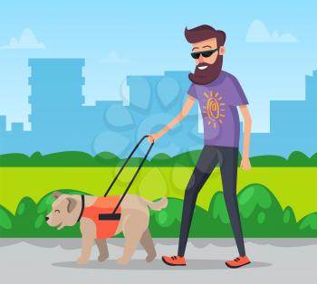 Pet owner walking dog on leash in park vector illustration. Guy and pet happy going straight footpath. Man with beard doing his duty, walk with puppy