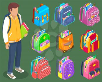 Schoolboy stand and hold book in hands with rucksack on back. Schoolbags inside with stationery like notebooks and rulers scissors and pencils vector. Back to school concept. Flat cartoon isometric 3d