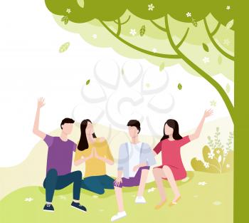 Man and woman sitting on ground vector, friends happy to be together, people under tree with falling leaves. Couples in summer talking and having fun