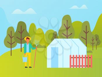 Farmer with fork near greenhouse with red fence. Vector country man in straw hat with bucket in hands at landscape of green trees, summer or spring season