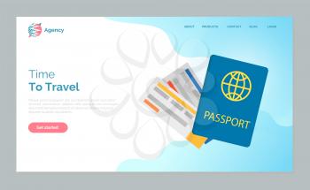 Time to travel vector, international passport id document and board tickets on flight. Exploration of world diversity and adventures on vacation. Website or webpage template, landing page flat style