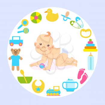 Child in good mood vector, kid crawling,  holding toy. Plush bear and train, duck and bottle with milk for feeding, pins with hearts and bowl with meal