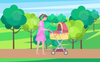 Mother and kid vector, woman walking with perambulator and child sleeping in pram, city park with buildings and green trees. Childhood and motherhood, vector