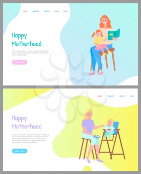 Motherhood online, mother sitting with daughter on chair and reading book together, mom feeding with spoon daughter, people portrait view vector. Website or webpage template, landing page flat style