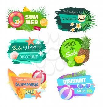 Summer summertime sales banners set vector. Lifebuoy saving ring and tropical leaves, pineapple fruit, sea star and shells. Discounts and new offers