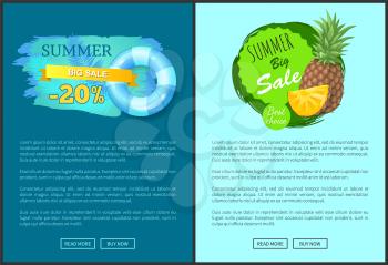 Summer big sale summertime banner vector. Pineapple fruit tasty tropical plant and lifebuoy. Best choice of product with price reduction, new offer