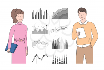 People with infocharts and infographics vector, man and woman holding papers and reports checking results with board, monochrome charts stats flat style